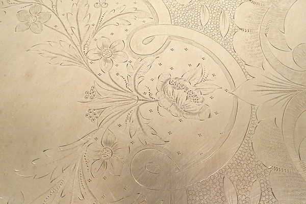 Großes Serviertablett mit Griffen, Louis XV, silberne Metallrebe, 19. Jahrhundert