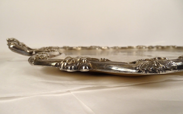 Großes Serviertablett mit Griffen, Louis XV, silberne Metallrebe, 19. Jahrhundert