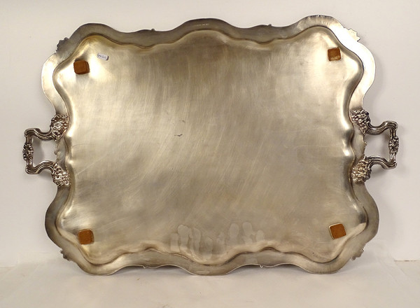 Großes Serviertablett mit Griffen, Louis XV, silberne Metallrebe, 19. Jahrhundert
