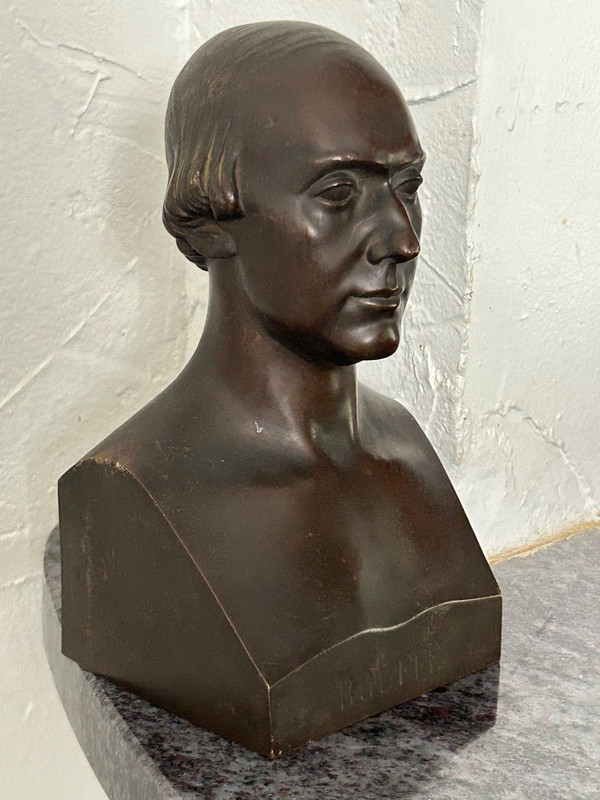 Paul Flosi Busto in bronzo del XIX secolo raffigurante Bouffe Datato 1853 Riduzione Colas