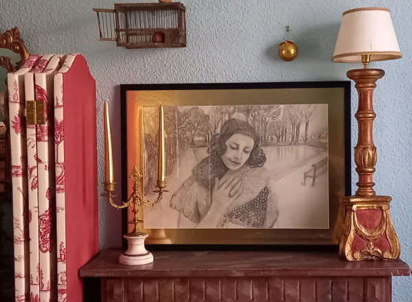 Portrait de femme dans un paysage/ dessin