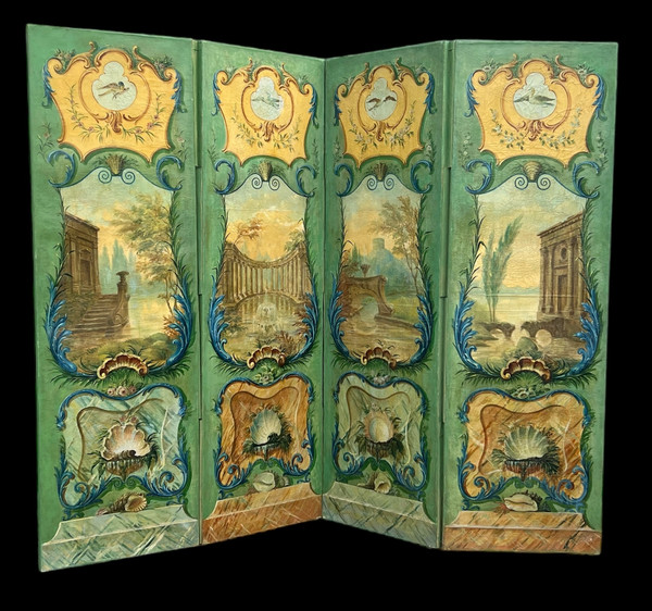 PARAVENT ANCIEN DU XIXe A 4 FEUILLES EN TOILE PEINTE A DECOR D ARCHITECTURES