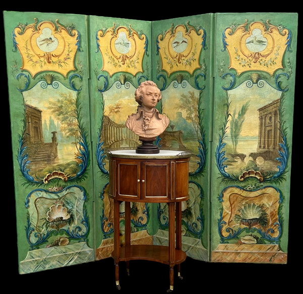 PARAVENT ANCIEN DU XIXe A 4 FEUILLES EN TOILE PEINTE A DECOR D ARCHITECTURES