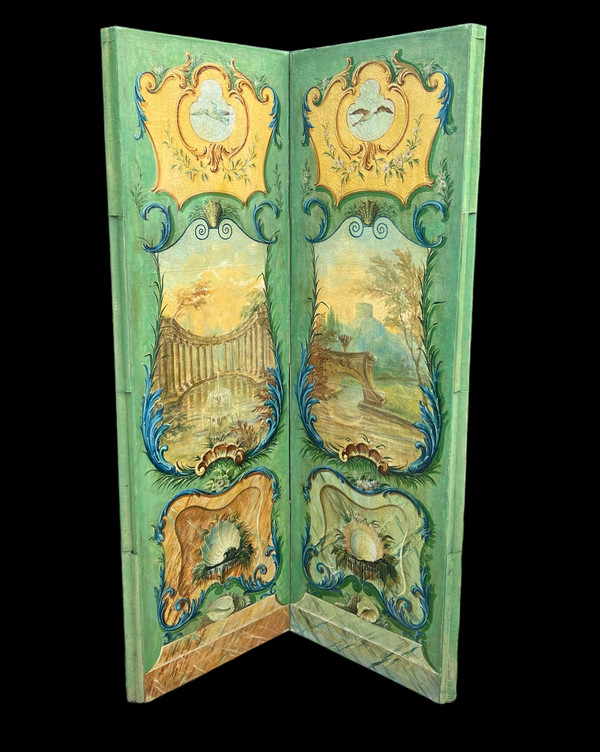 PARAVENT ANCIEN DU XIXe A 4 FEUILLES EN TOILE PEINTE A DECOR D ARCHITECTURES