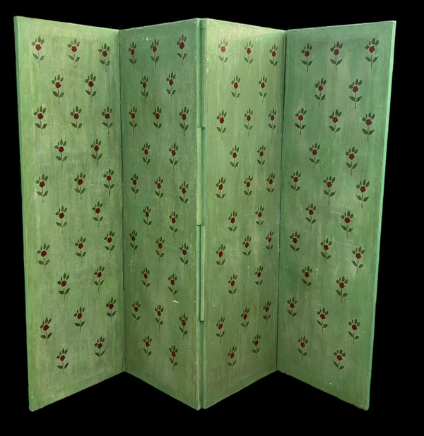 PARAVENT ANCIEN DU XIXe A 4 FEUILLES EN TOILE PEINTE A DECOR D ARCHITECTURES