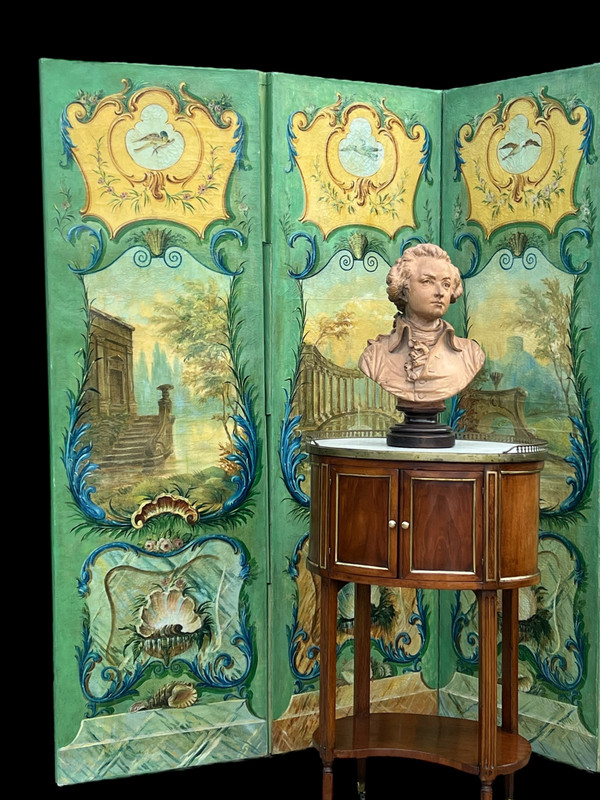 PARAVENT ANCIEN DU XIXe A 4 FEUILLES EN TOILE PEINTE A DECOR D ARCHITECTURES