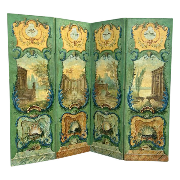PARAVENT ANCIEN DU XIXe A 4 FEUILLES EN TOILE PEINTE A DECOR D ARCHITECTURES
