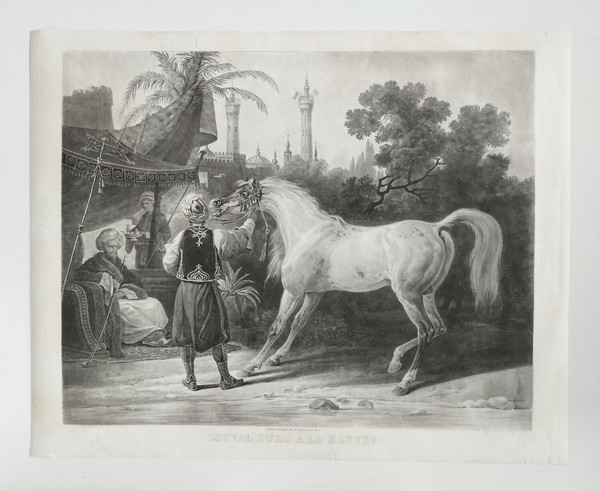 Arabian Horse Orientalist Engraving After Vernet Turkish Horse On Watch Etching Old Print