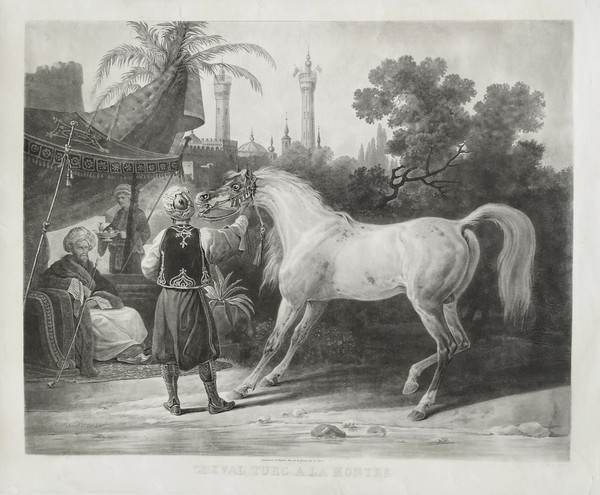 Arabian Horse Orientalist Engraving After Vernet Turkish Horse On Watch Etching Old Print