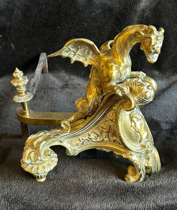Pair Of Bronze Andirons Decorated With Dragons With Spread Wings Regency Style 19th Century
