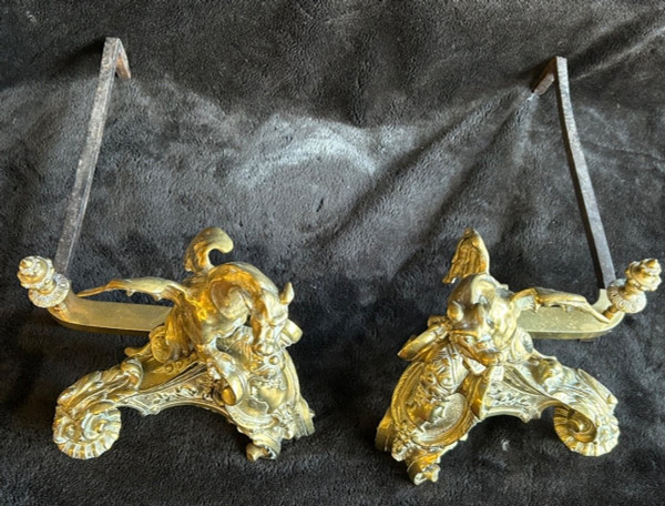 Pair Of Bronze Andirons Decorated With Dragons With Spread Wings Regency Style 19th Century