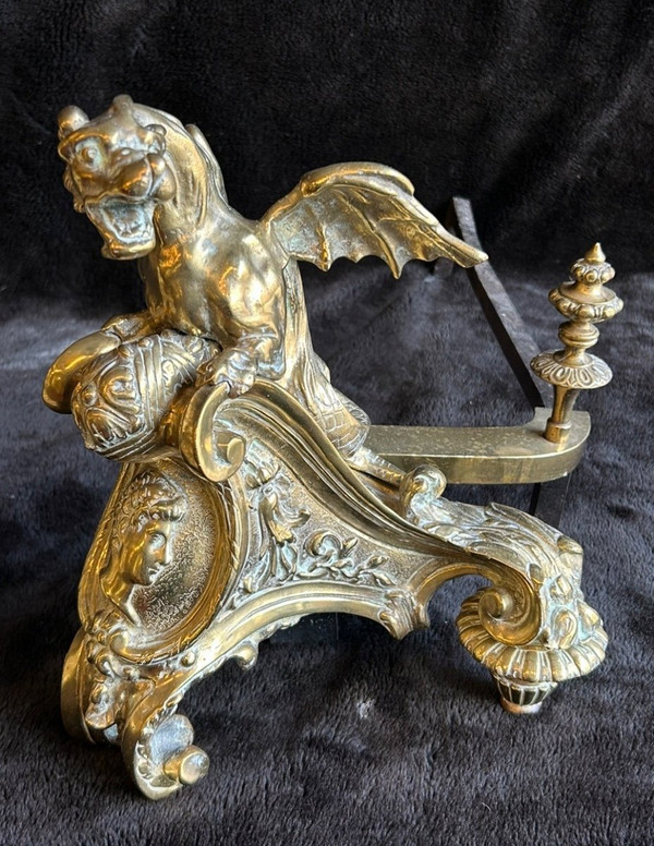 Pair Of Bronze Andirons Decorated With Dragons With Spread Wings Regency Style 19th Century