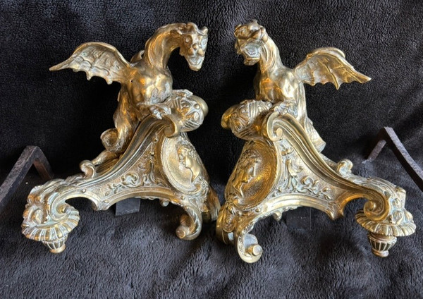 Pair Of Bronze Andirons Decorated With Dragons With Spread Wings Regency Style 19th Century