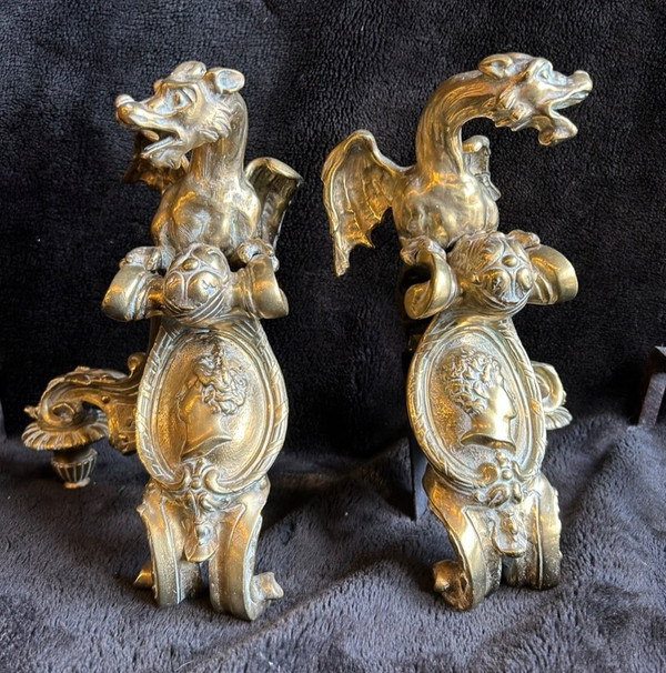 Pair Of Bronze Andirons Decorated With Dragons With Spread Wings Regency Style 19th Century