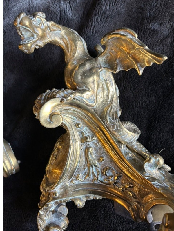 Pair Of Bronze Andirons Decorated With Dragons With Spread Wings Regency Style 19th Century