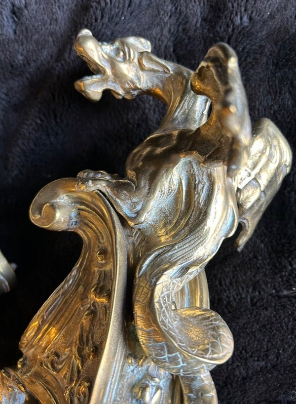Pair Of Bronze Andirons Decorated With Dragons With Spread Wings Regency Style 19th Century