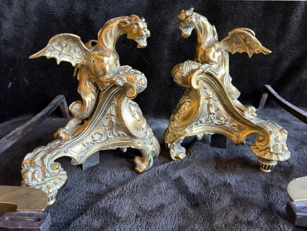 Pair Of Bronze Andirons Decorated With Dragons With Spread Wings Regency Style 19th Century