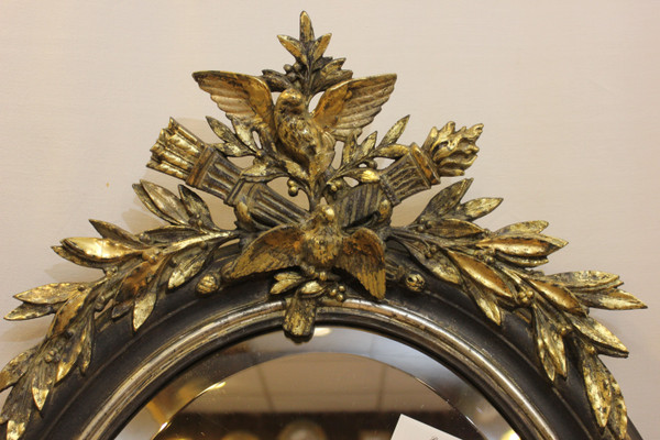 Specchio nuziale ovale, coppia di uccelli, foglia oro e patina, vetro molato 65 x 109 cm