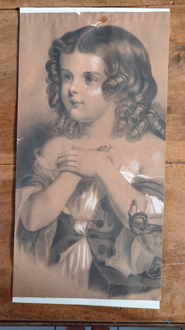 Portrait of a little girl in 19th century charcoal