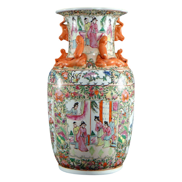 Cina, XX secolo, Vaso in porcellana Canton decorato con dignitari e uccelli, marca Guangxu.