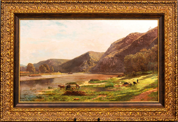 On the banks of the Meuse near Waulsort by François Roffiaen (1820-1898) Oil on canvas