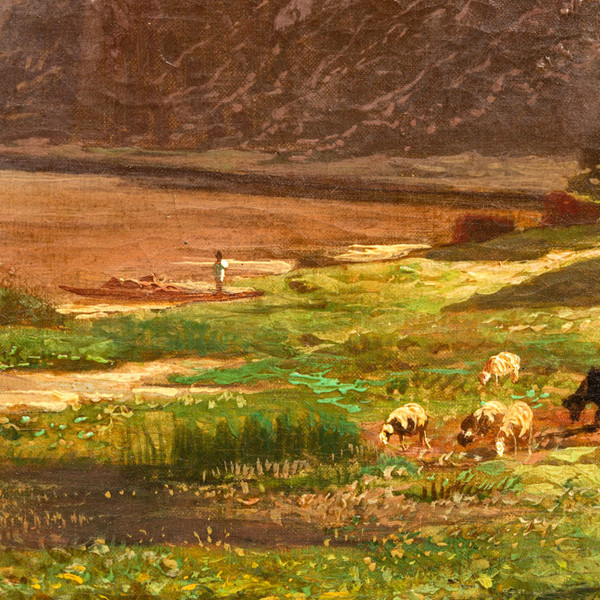 On the banks of the Meuse near Waulsort by François Roffiaen (1820-1898) Oil on canvas
