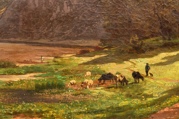 On the banks of the Meuse near Waulsort by François Roffiaen (1820-1898) Oil on canvas