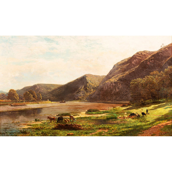 On the banks of the Meuse near Waulsort by François Roffiaen (1820-1898) Oil on canvas