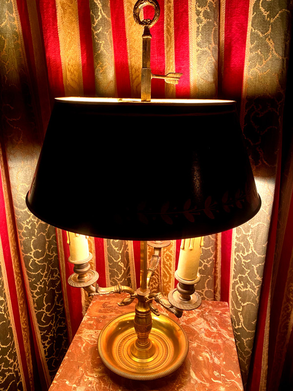 Bouillotte lamp in bronze for Office or Library, adjustable green lacquered metal lampshade Emp