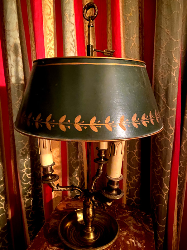Bouillotte lamp in bronze for Office or Library, adjustable green lacquered metal lampshade Emp