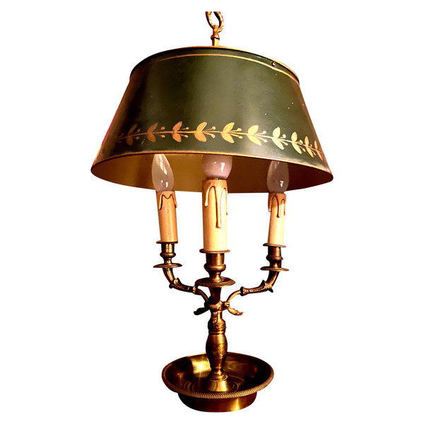 Bouillotte lamp in bronze for Office or Library, adjustable green lacquered metal lampshade Emp