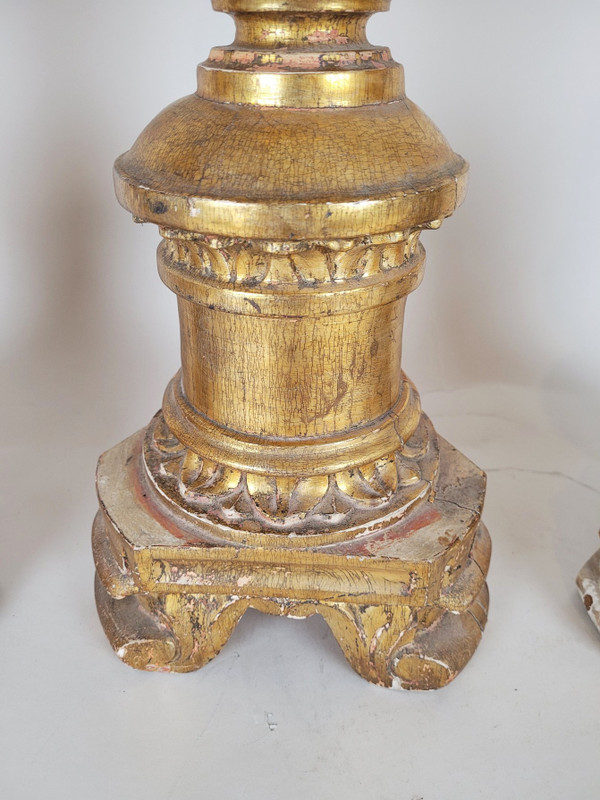 Suite Of 3 Large Candlesticks In Golden Wood, Early 19th Century