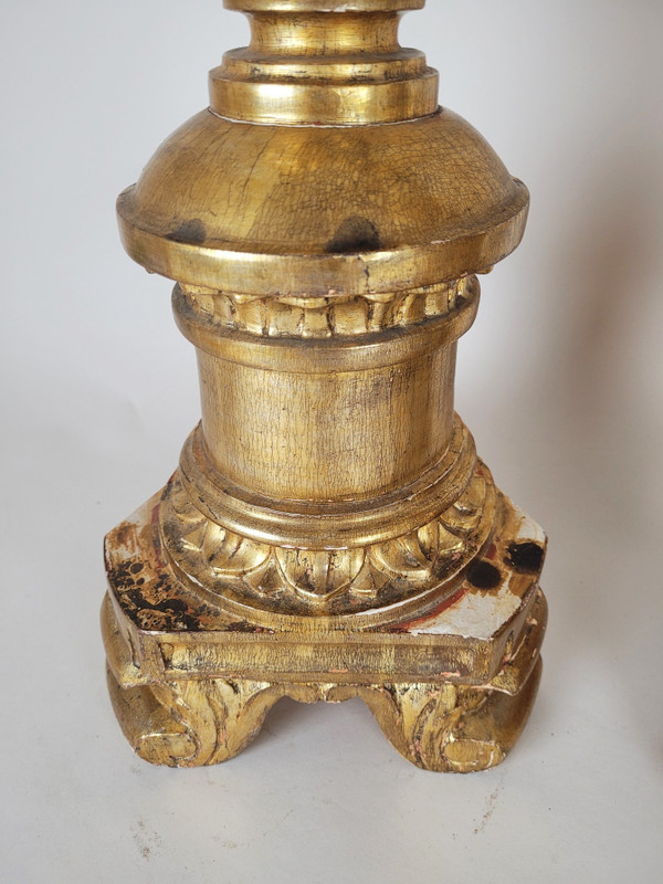 Suite Of 3 Large Candlesticks In Golden Wood, Early 19th Century
