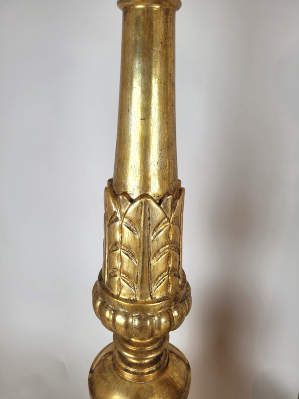 Suite Of 3 Large Candlesticks In Golden Wood, Early 19th Century