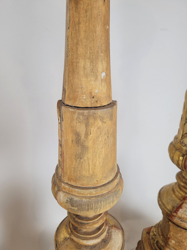 Suite Of 3 Large Candlesticks In Golden Wood, Early 19th Century