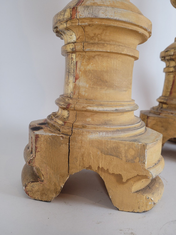Suite Of 3 Large Candlesticks In Golden Wood, Early 19th Century