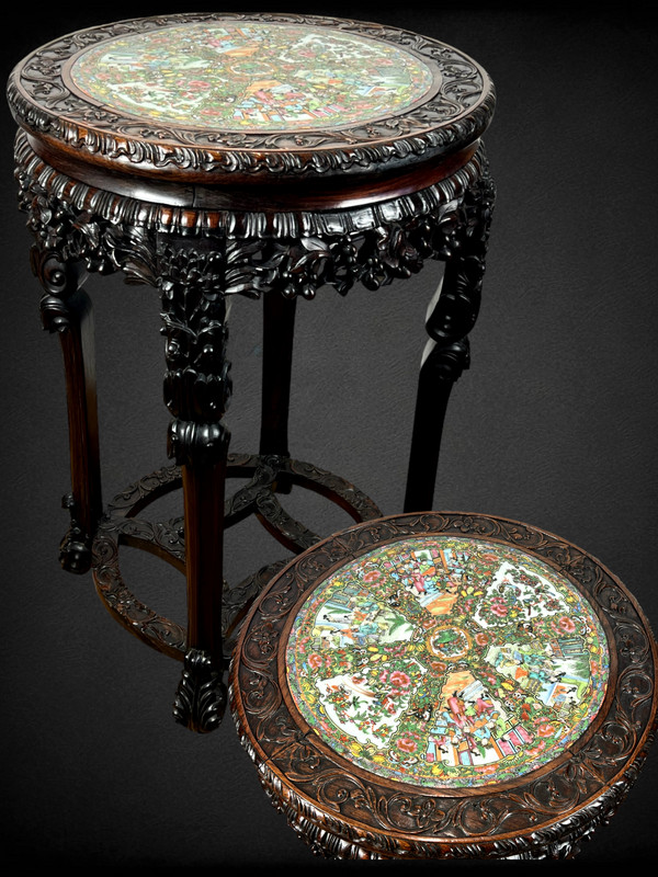 INCENSE TABLE FORMING A GUERIDON WITH ITS CANTON PORCELAIN TOP