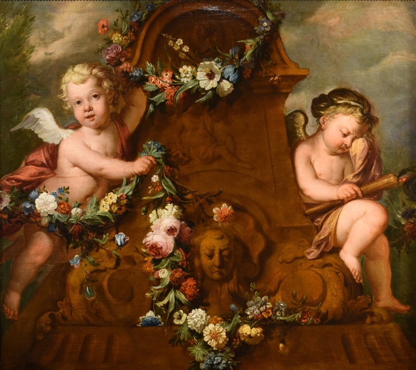 Jacob De Wit (Amsterdam, 1695 - 1754), Amorettenpaar mit Blumengirlande
