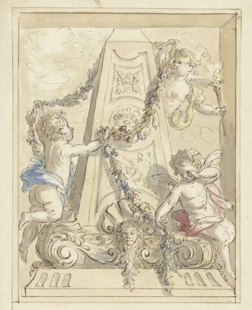Jacob De Wit (Amsterdam, 1695 - 1754), Amorettenpaar mit Blumengirlande