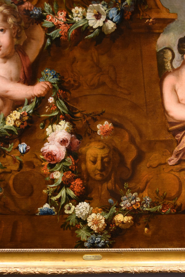 Jacob De Wit (Amsterdam, 1695 - 1754), Amorettenpaar mit Blumengirlande