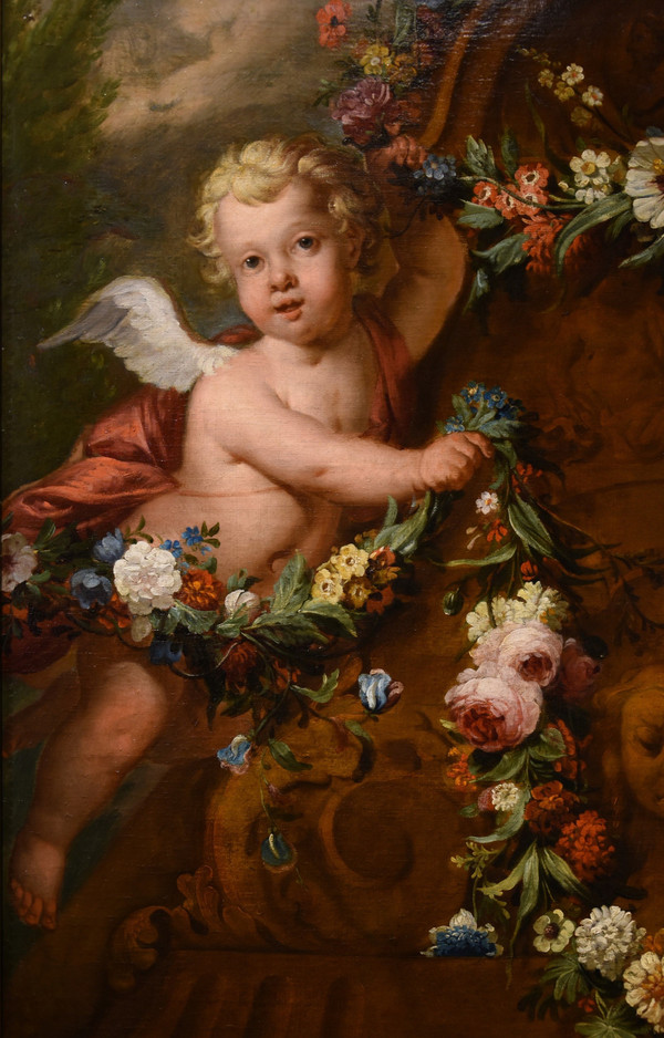 Jacob De Wit (Amsterdam, 1695 - 1754), Amorettenpaar mit Blumengirlande