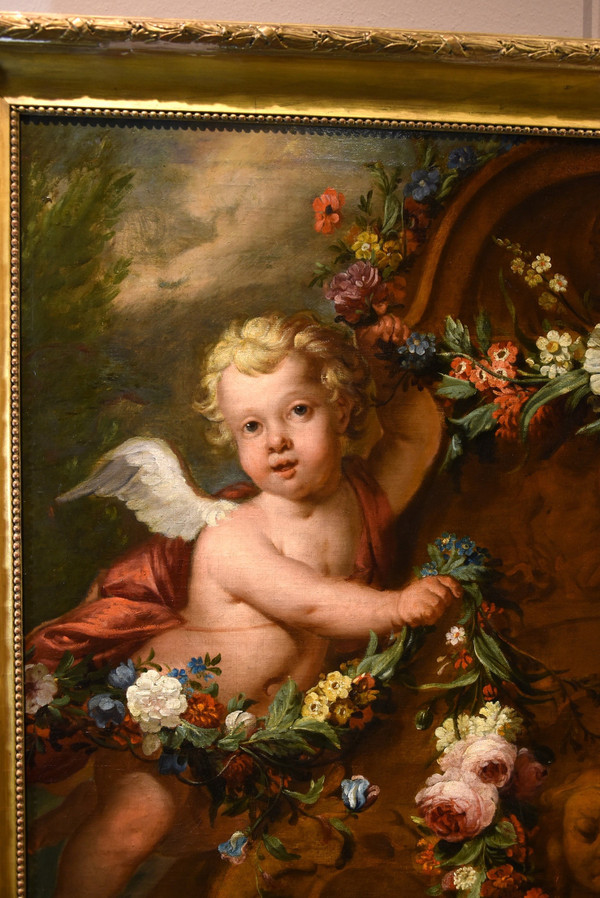 Jacob De Wit (Amsterdam, 1695 - 1754), Amorettenpaar mit Blumengirlande