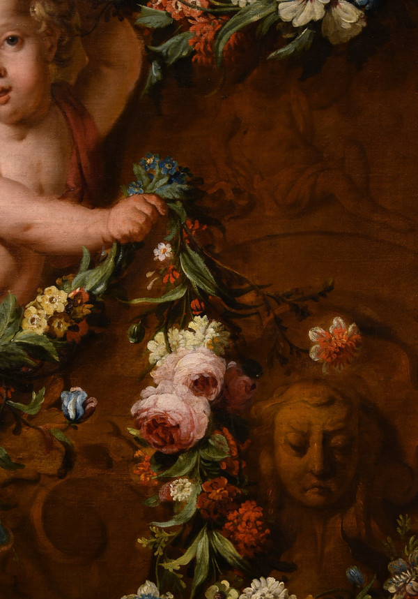 Jacob De Wit (Amsterdam, 1695 - 1754), Amorettenpaar mit Blumengirlande