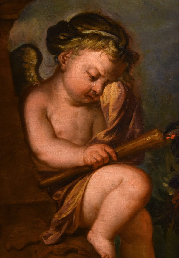 Jacob De Wit (Amsterdam, 1695 - 1754), Amorettenpaar mit Blumengirlande