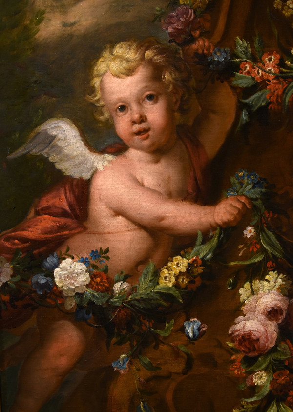 Jacob De Wit (Amsterdam, 1695 - 1754), Amorettenpaar mit Blumengirlande