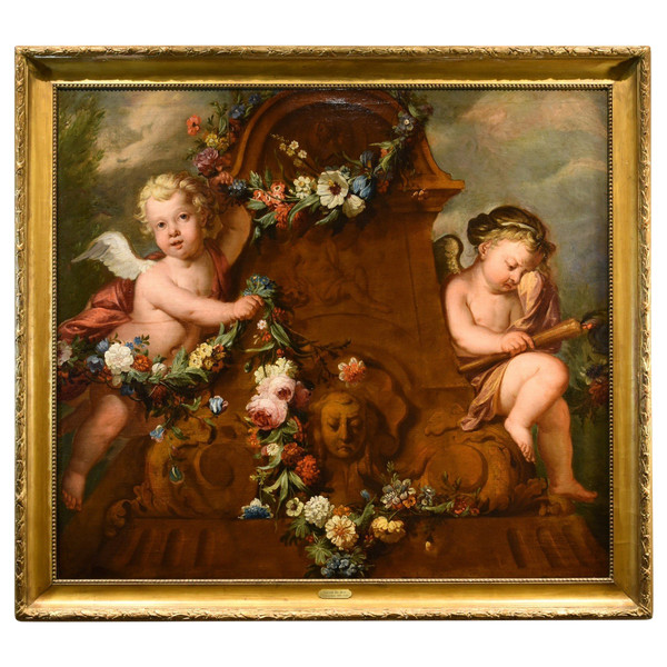 Jacob De Wit (Amsterdam, 1695 - 1754), Amorettenpaar mit Blumengirlande