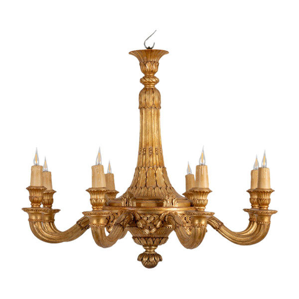 Dumez, Louis XVI style chandelier in carved and gilded wood. 1950s.