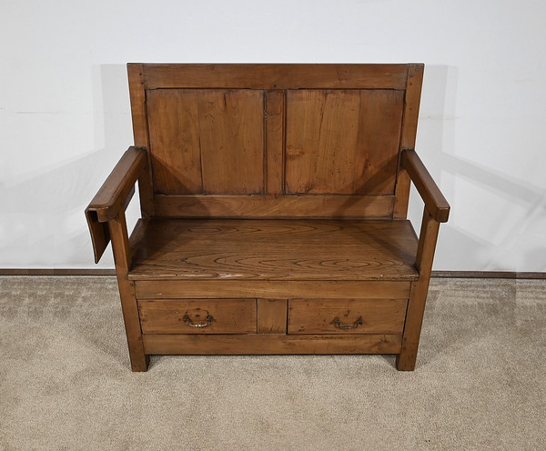 Rare Banc Coffre dit Cantou de Cheminée en Merisier et Châtaignier – 2ème moitié XIXe