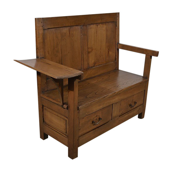 Rare Banc Coffre dit Cantou de Cheminée en Merisier et Châtaignier – 2ème moitié XIXe