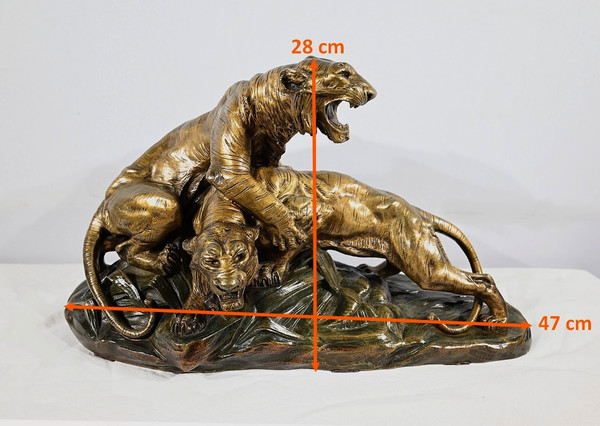 Gruppo in bronzo "Combat de Tigres", firmato E. Drouot - Fine XIX secolo